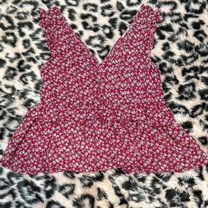 American Eagle Outfitters Red w/ Blue Floral Sleeveless V Neck w/ Ruffle Blouse